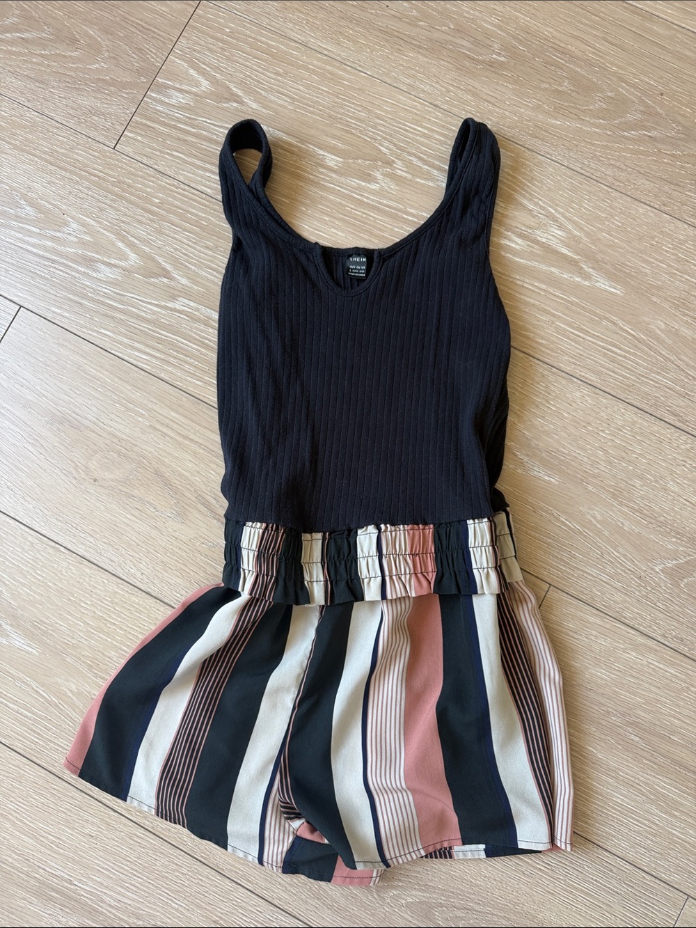 SHEIN Black Ribbed Tank Top Romper with Striped Shorts